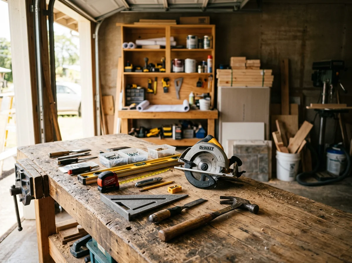 Construction tools and materials organized on a work surface, representing carpentry and home renovation services.