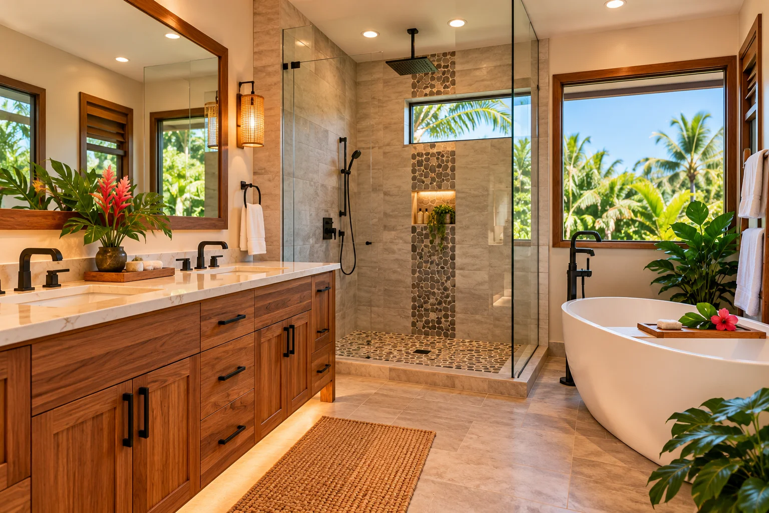 Modern bathroom with custom tile shower and updated fixtures