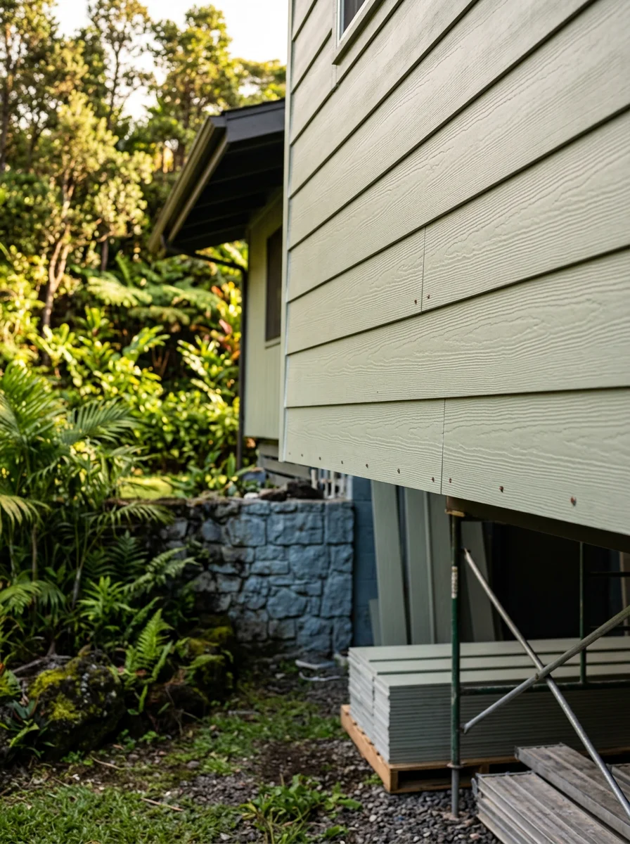 New fiber cement siding being installed on a mid-century home in Hilo, Hawaii, with lush green tropical landscaping visible in the background.