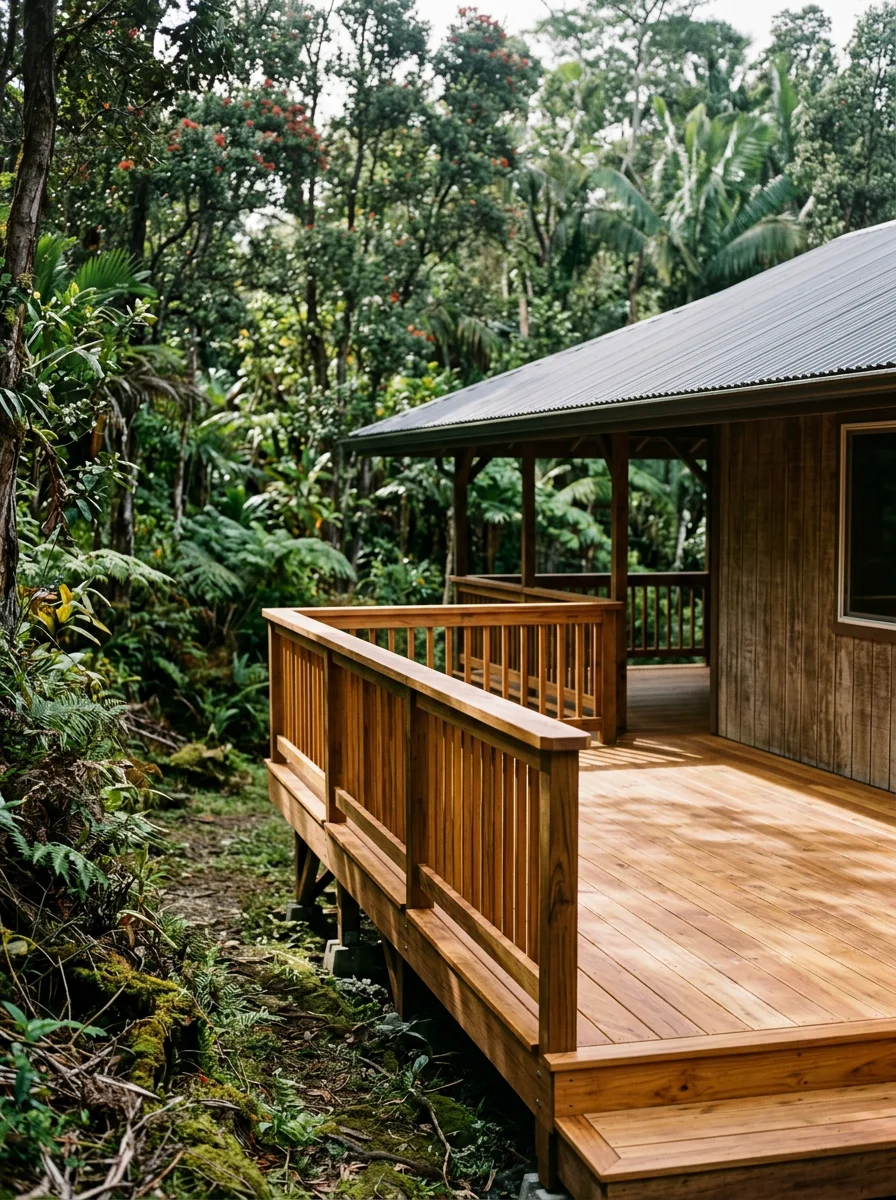 A freshly built deck with wood railings attached to a residential home in the Puna district of Keaau, Hawaii, surrounded by lush tropical vegetation.