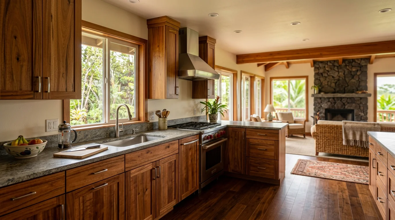 A newly renovated kitchen inside a custom home on a large Keaau, Hawaii lot, with wood cabinetry and updated fixtures visible through an open floor plan.