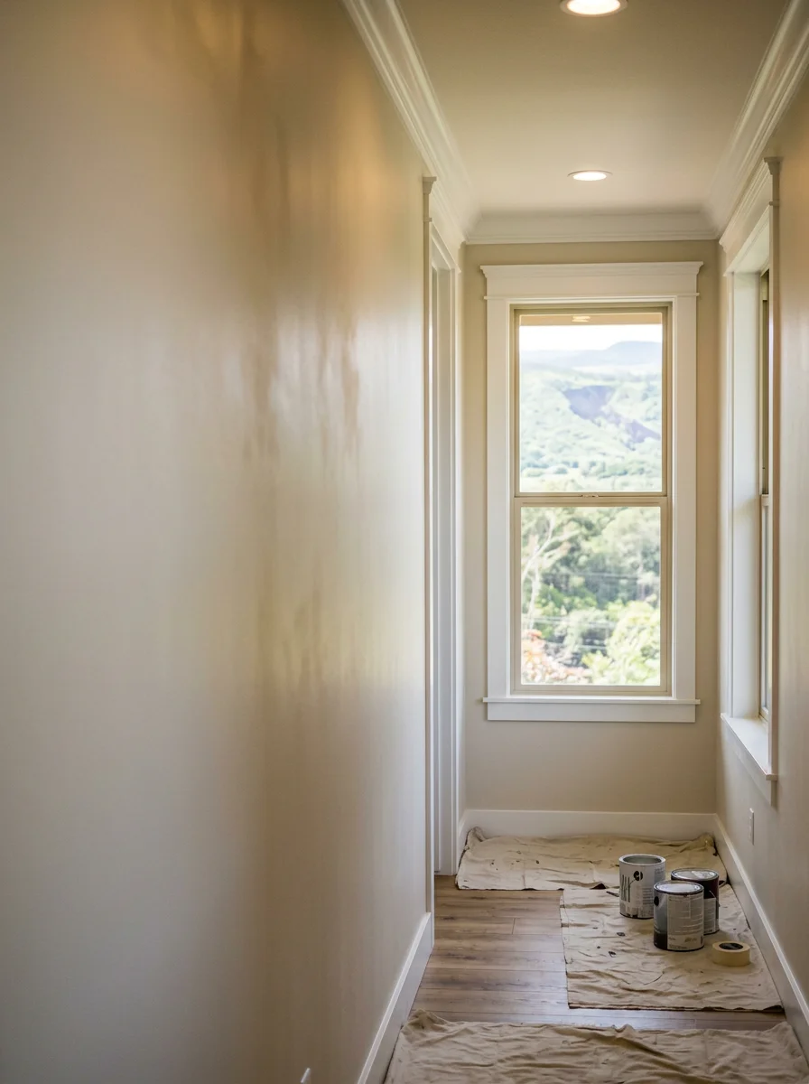 Interior trim and crown molding installation in progress inside a renovated home in Mountain View, Hawaii, showing fresh paint and updated window casings.
