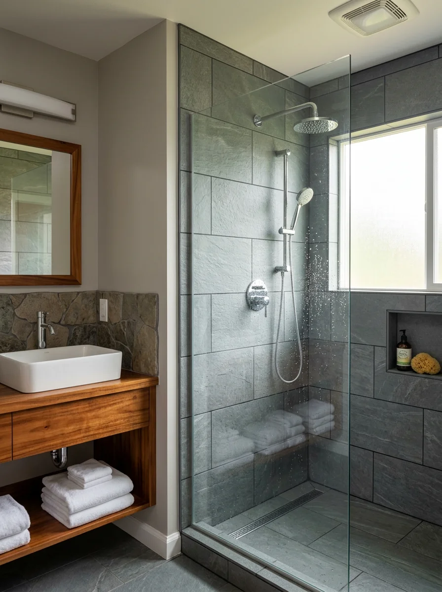 A renovated bathroom with a tiled walk-in shower inside an older Volcano Village home, showing updated fixtures and fresh tile work suited to the humid rainforest climate.