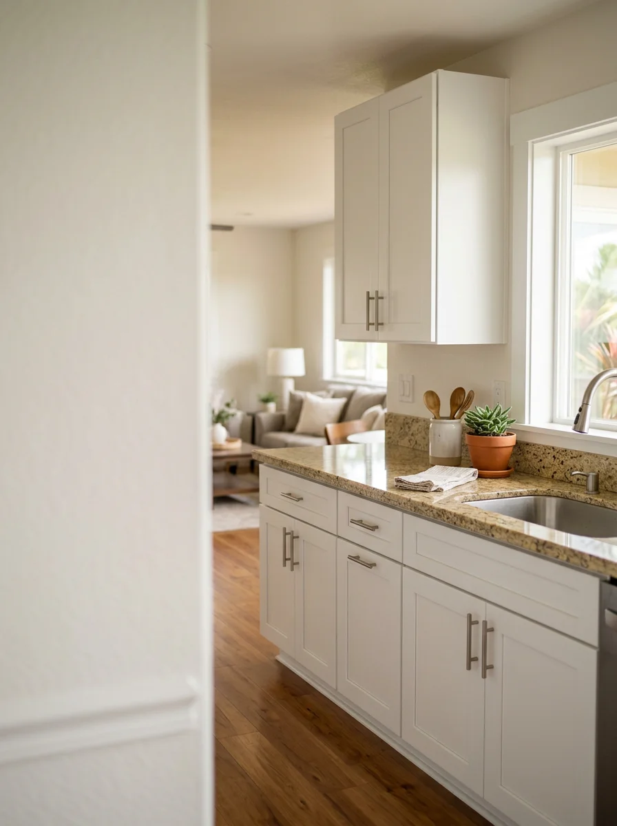 A renovated kitchen inside a planned community home in Waikoloa, Hawaii, featuring new cabinetry, updated countertops, and fresh interior trim in an open-concept layout.