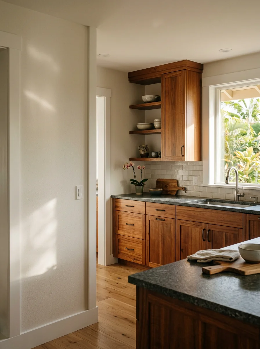 A renovated kitchen inside a Waimea, Hawaii home with new cabinetry, updated countertops, and fresh interior trim work visible throughout the open layout.