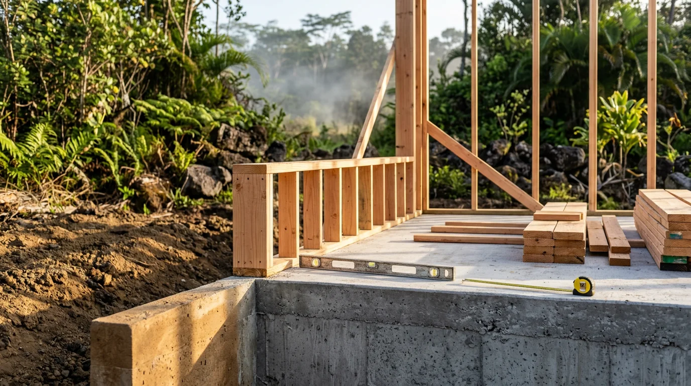 A newly completed detached accessory dwelling unit on a residential lot in Keaau, Hawaii, featuring a covered lanai and lush tropical landscaping typical of the Puna district on the Big Island.