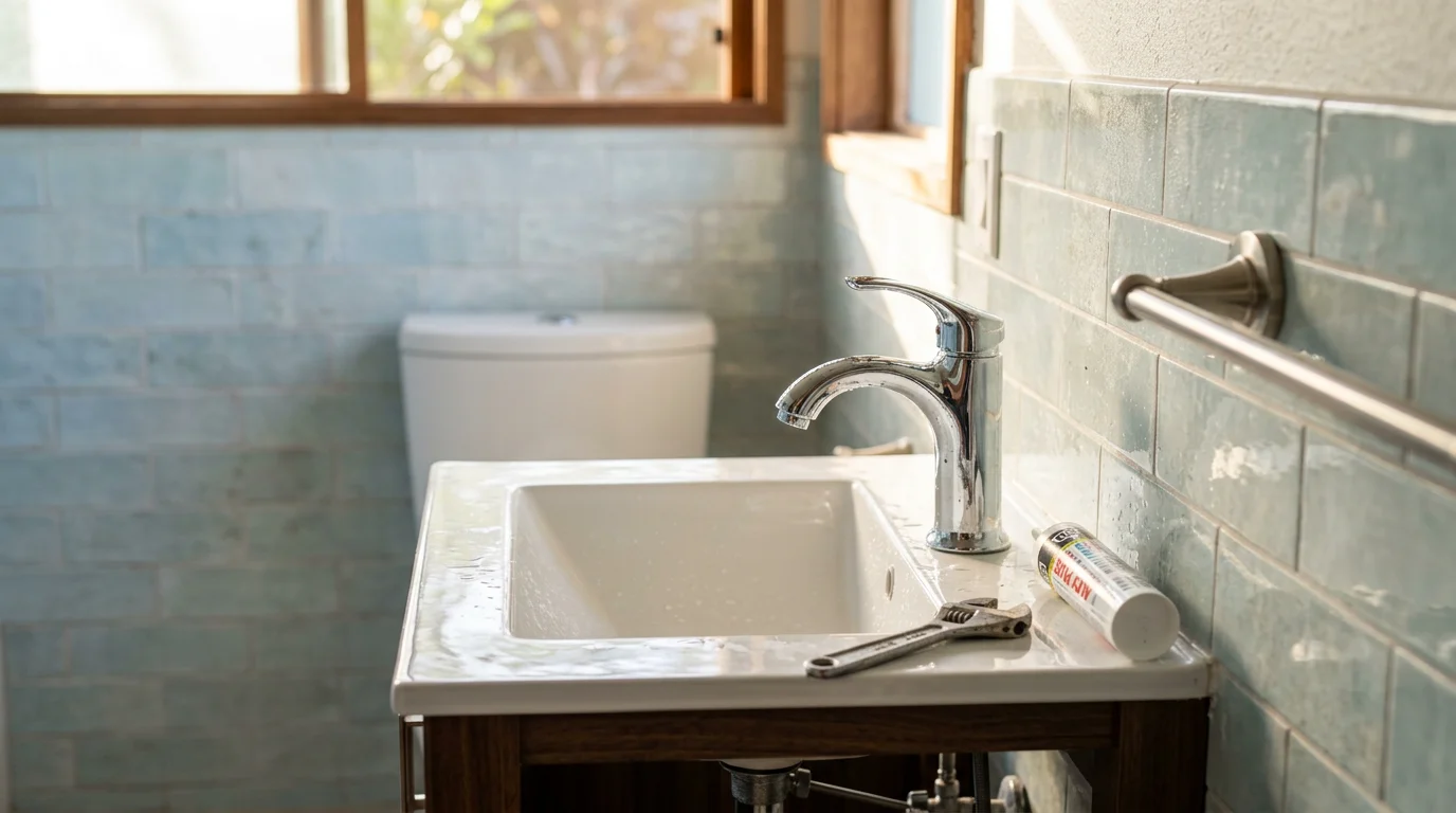 A newly installed bathroom sink fixture in a residential home in Keaau, Hawaii, with clean surrounding tile and updated hardware. The replacement fixture shows no corrosion or mineral buildup, reflecting the finished result of a professional bathroom fixture replacement.