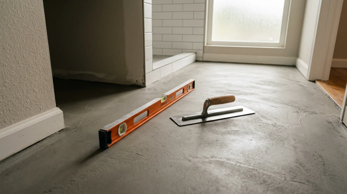 Newly installed moisture-resistant bathroom floor in a Keaau home, showing clean tile edges and finished transitions around a toilet base. The bathroom reflects the practical, well-crafted work Barrett Construction Services brings to Big Island homes.