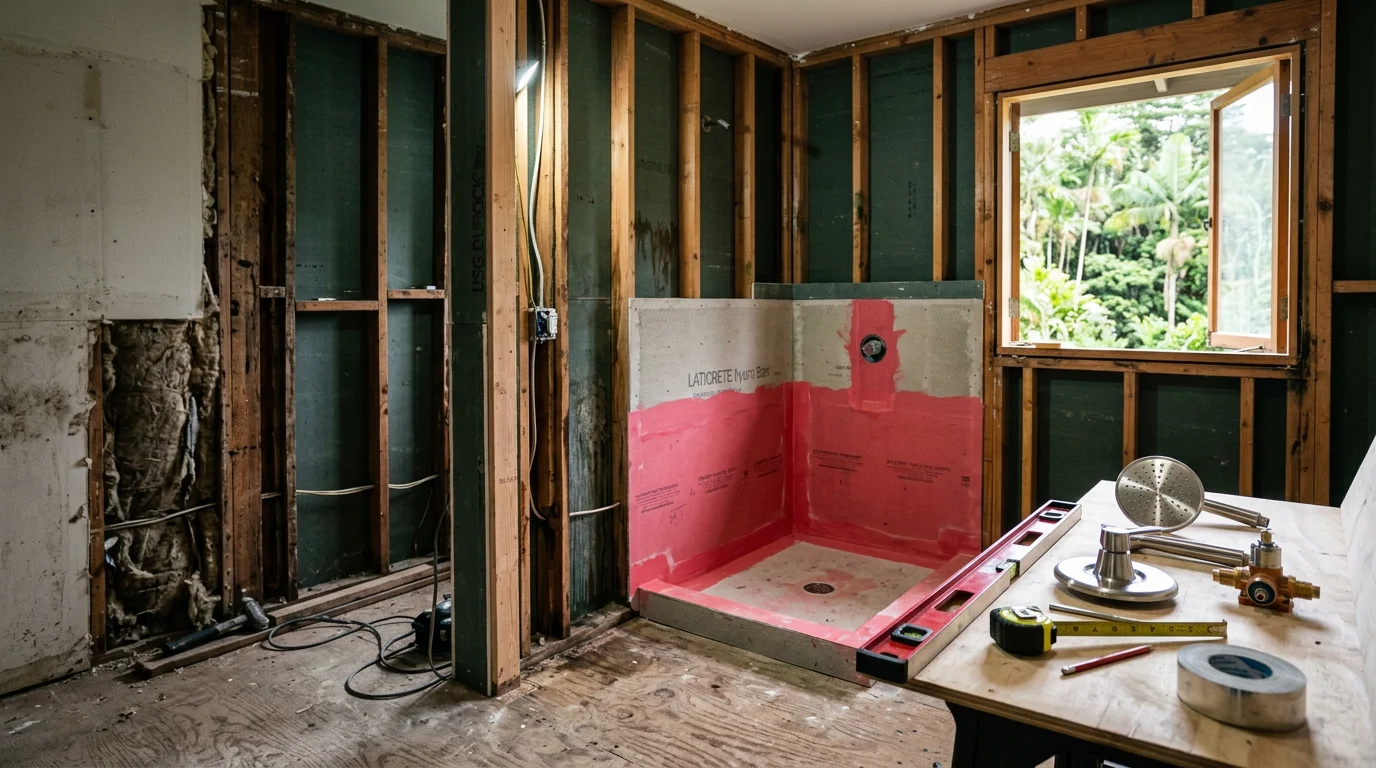 A fully remodeled bathroom interior in a Keaau, Hawaii home showing updated wall surfaces, a reconfigured layout, and clean finish work throughout. The space reflects practical, quality craftsmanship suited to Big Island residential construction.