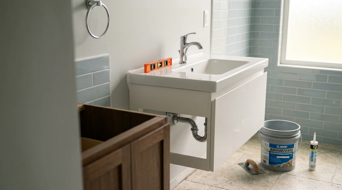 A newly installed bathroom vanity with a clean countertop and sink inside a Big Island home in Keaau, Hawaii. The cabinet is flush against the wall with finished plumbing connections visible beneath the sink.