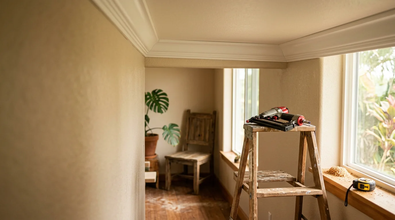 Freshly installed crown molding running along the ceiling line of a living room in a Keaau, Hawaii home. The white molding meets clean corner joints where two walls meet, showing a precise, finished carpenter installation.