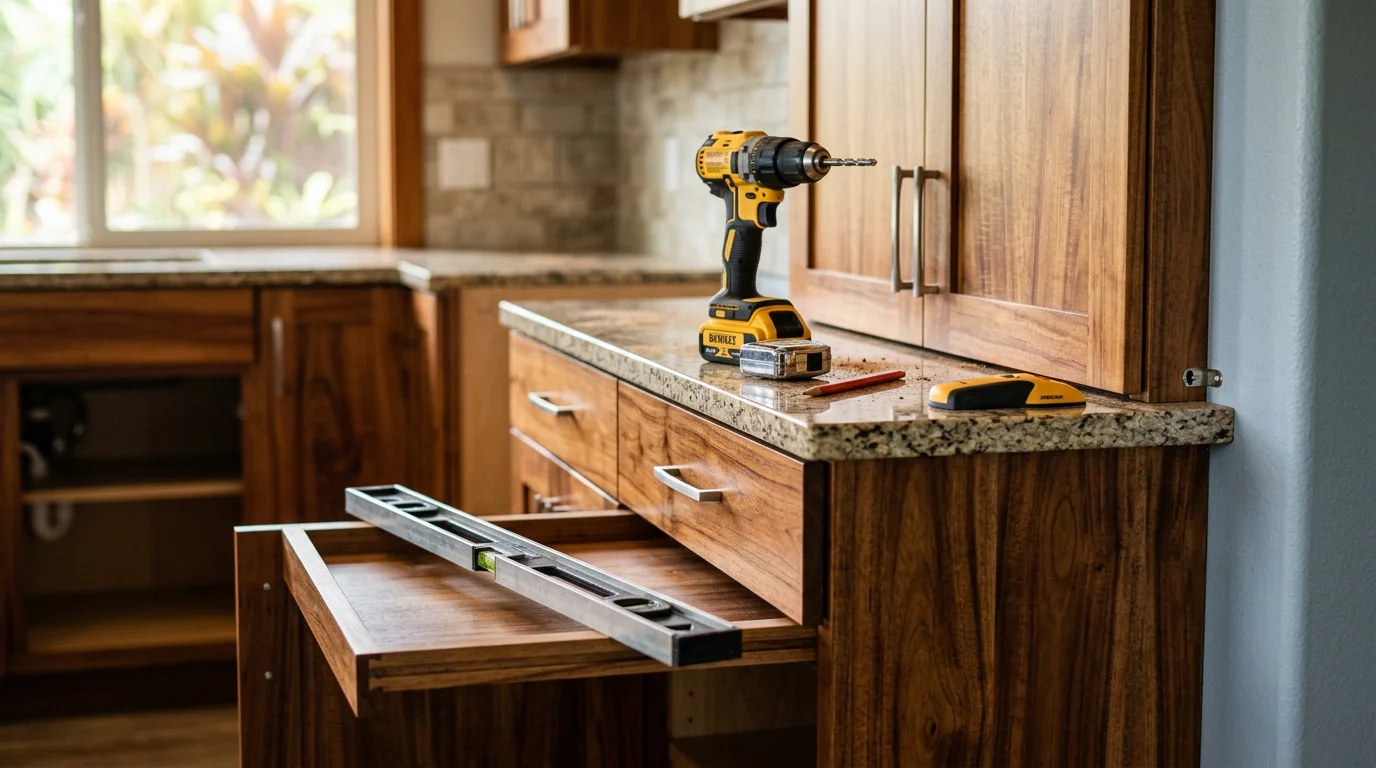 Newly installed custom wood cabinets in a Keaau, Hawaii kitchen, showing floor-to-ceiling upper and lower cabinet runs with clean alignment and solid wood construction suited to the Big Island's humid climate.