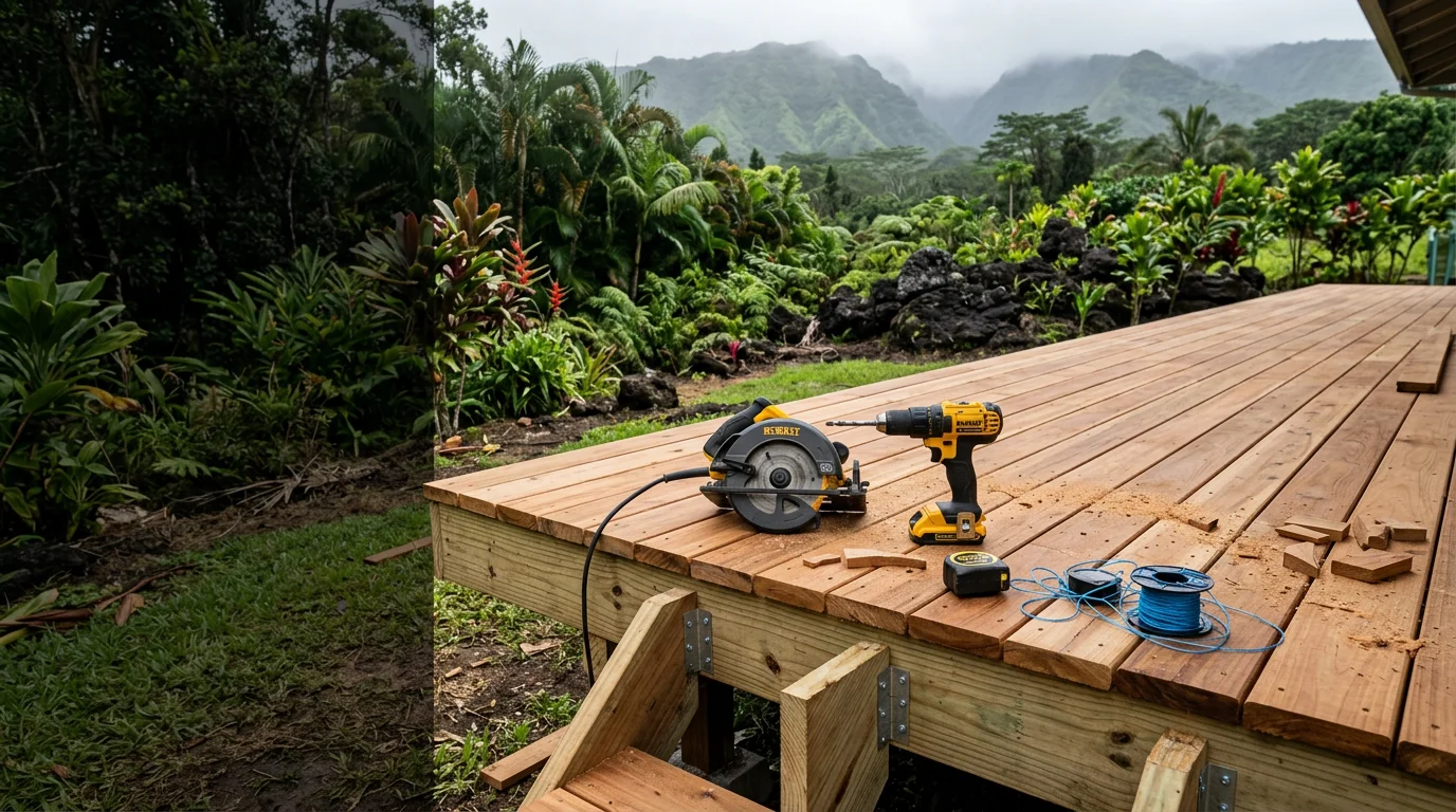 A newly built wooden deck attached to a single-family home in Keaau, Hawaii, surrounded by lush tropical vegetation. The deck features clean framing, secure railings, and a level surface suited to the Big Island's humid climate.