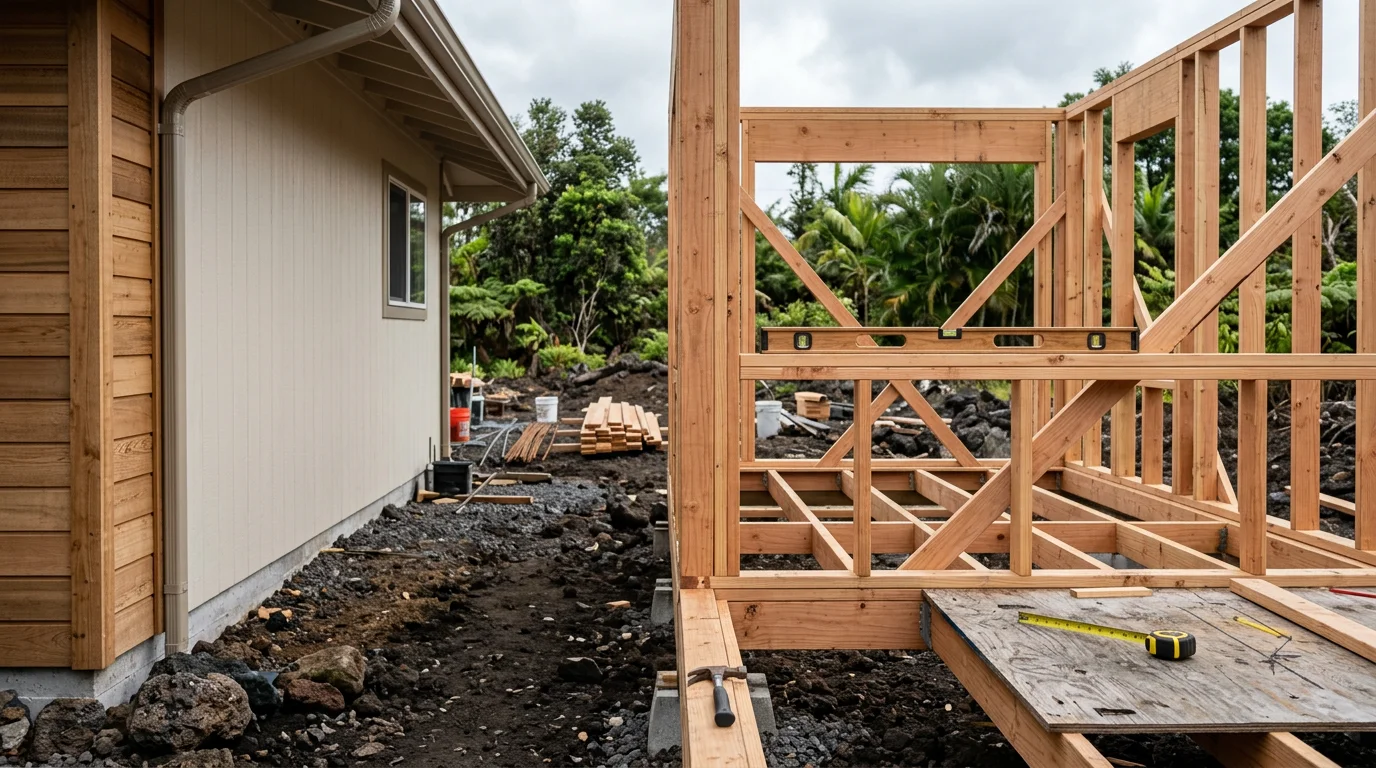 A newly completed home addition on a residential property in Keaau, Hawaii, showing framed and finished square footage seamlessly joined to the existing single-family home. Lush Big Island vegetation surrounds the structure under a partly cloudy sky.