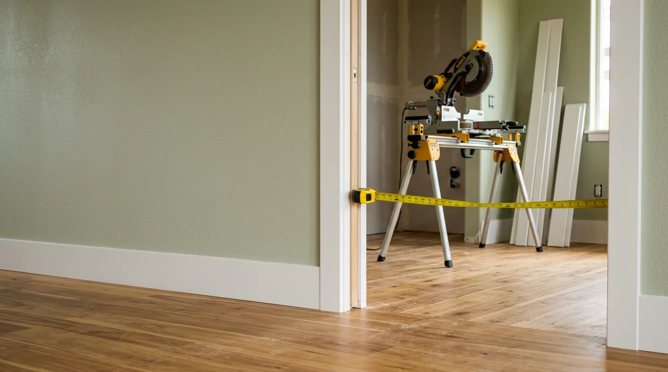 Freshly installed white door casing and baseboard trim in a residential room in Keaau, Hawaii, showing clean corner joints and a paint-ready finish. The trim runs along a neutral-painted wall with natural light coming through a window.