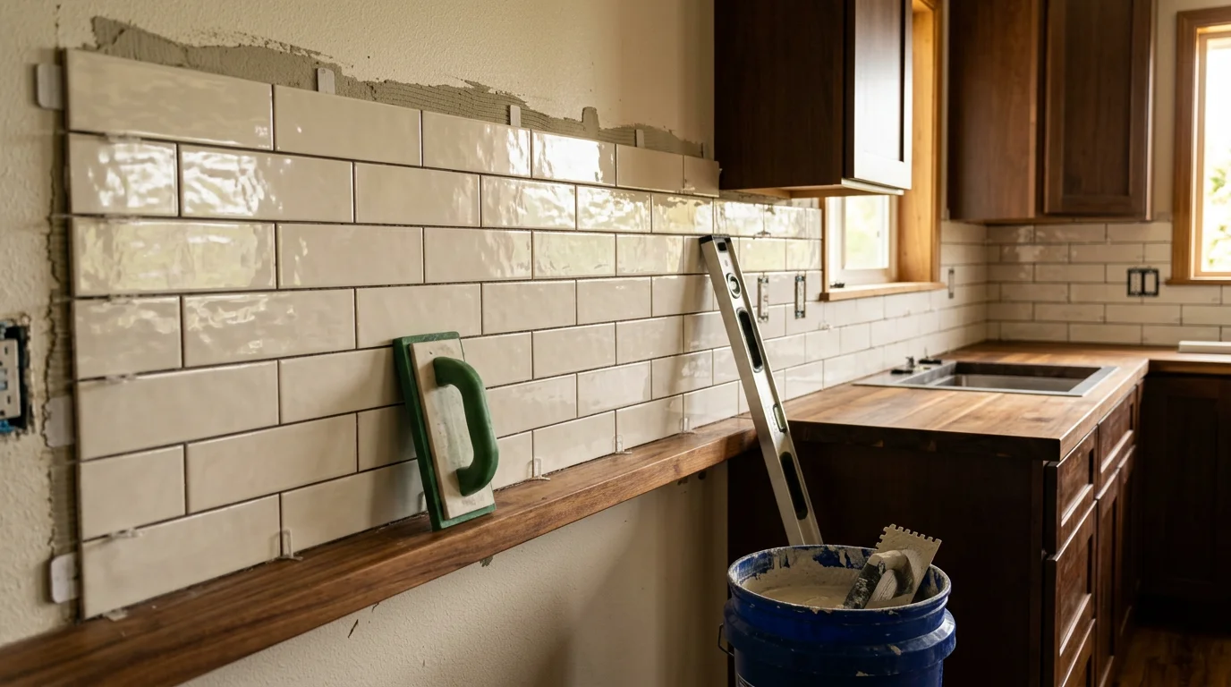 Freshly installed ceramic tile kitchen backsplash behind a residential stove in a Keaau, Hawaii home, with clean grout lines and a layout aligned to the countertop edge.