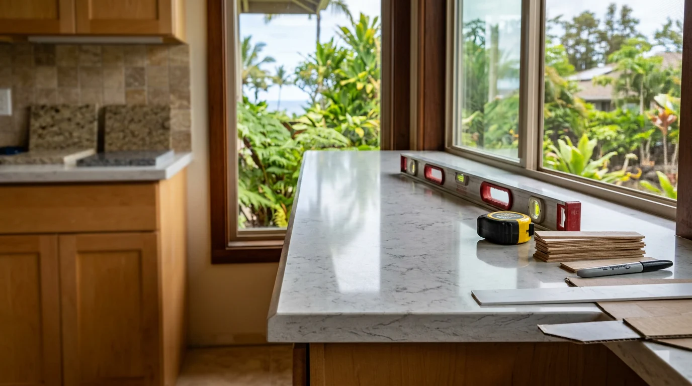 Newly installed kitchen countertop in a Keaau home, showing a clean stone surface with a finished edge profile and undermount sink cutout. Big Island natural light falls across the countertop surface, highlighting the material texture and fit against the surrounding cabinetry.
