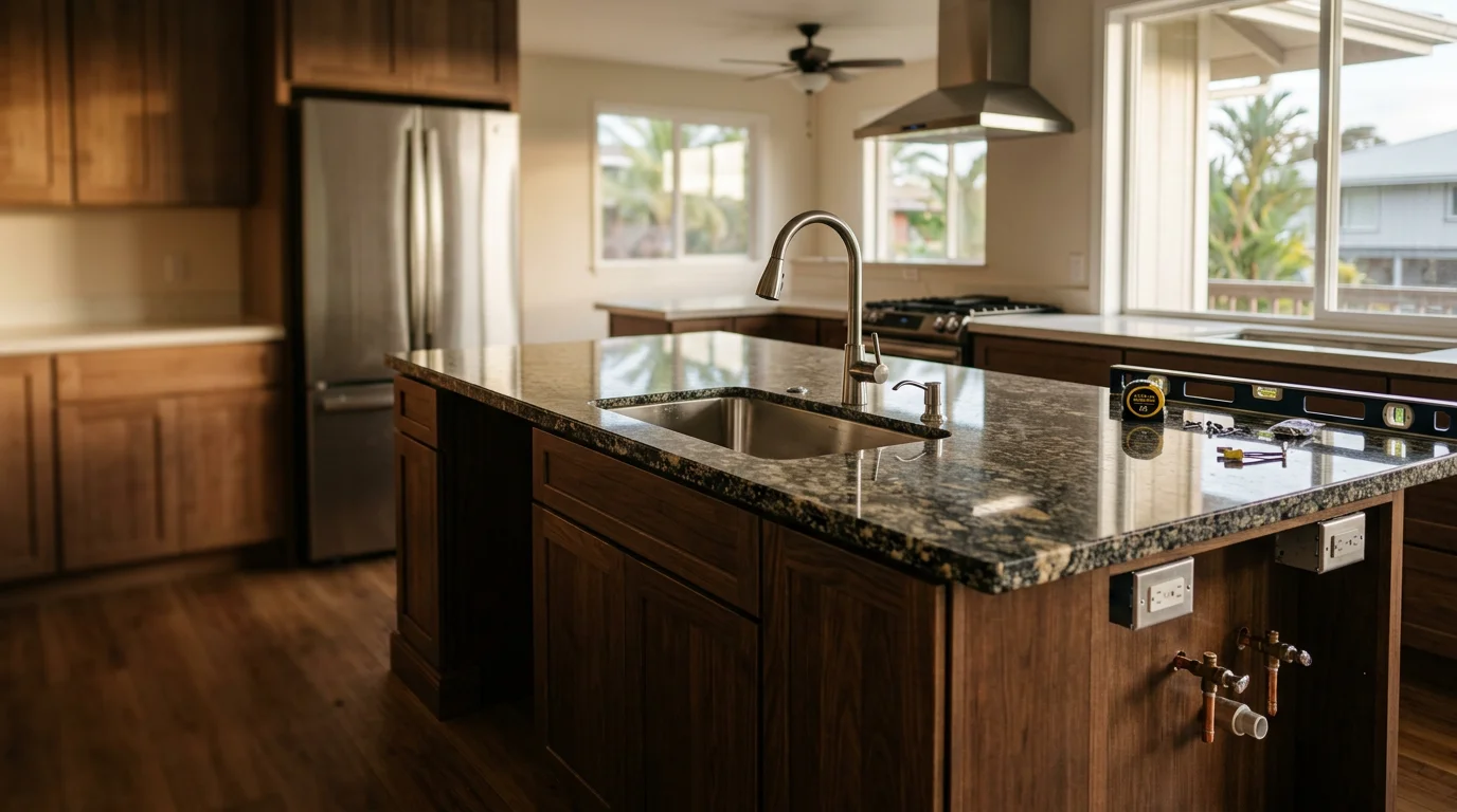 Newly installed custom kitchen island with base cabinet storage and countertop seating overhang in a Keaau, Hawaii home. The island sits centered in the kitchen with clear walking space on all sides and finished cabinetry that matches the surrounding kitchen.