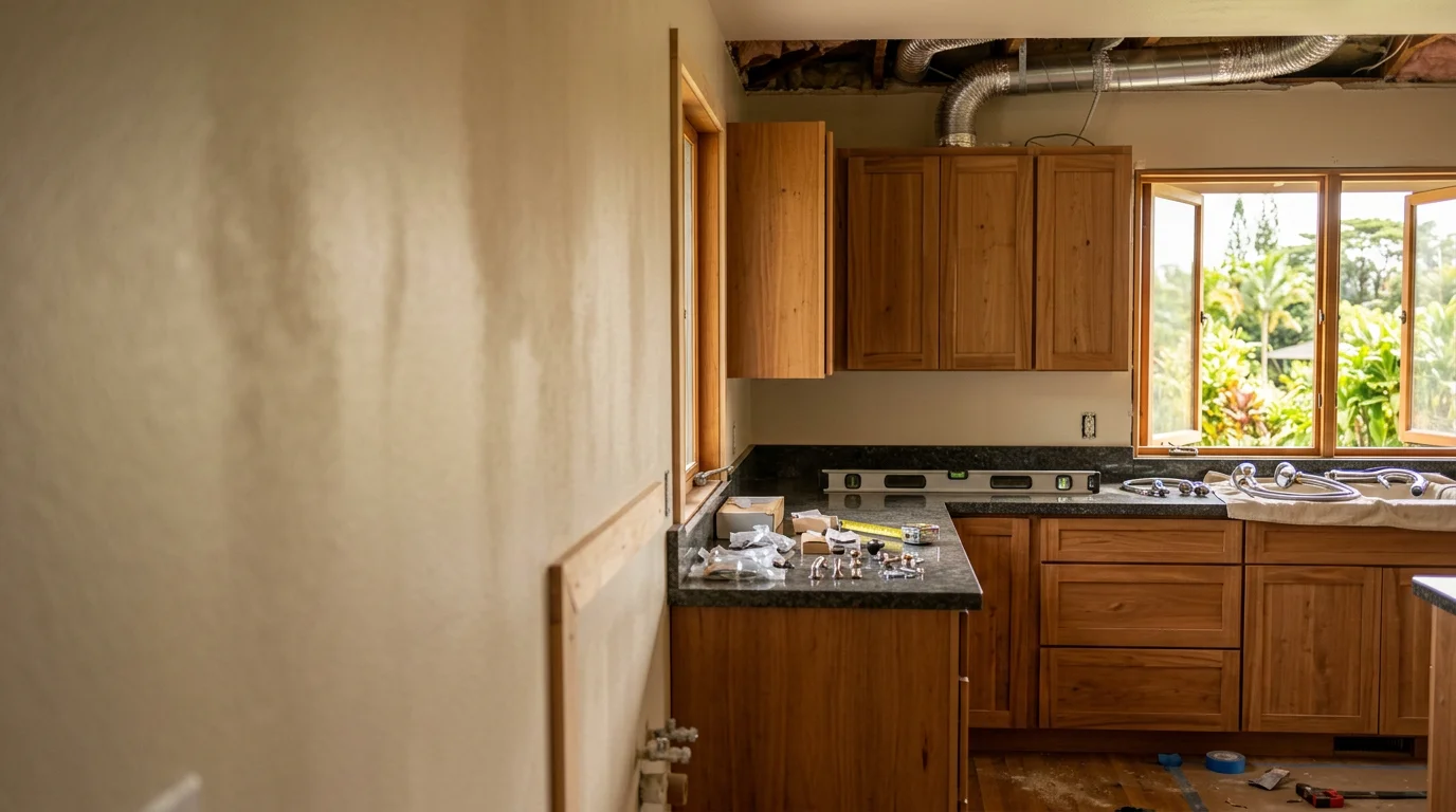 A remodeled kitchen interior in a Keaau, Hawaii home showing updated cabinetry, new flooring, and reconfigured layout. The finished space reflects quality craftsmanship suited to Big Island residential construction.