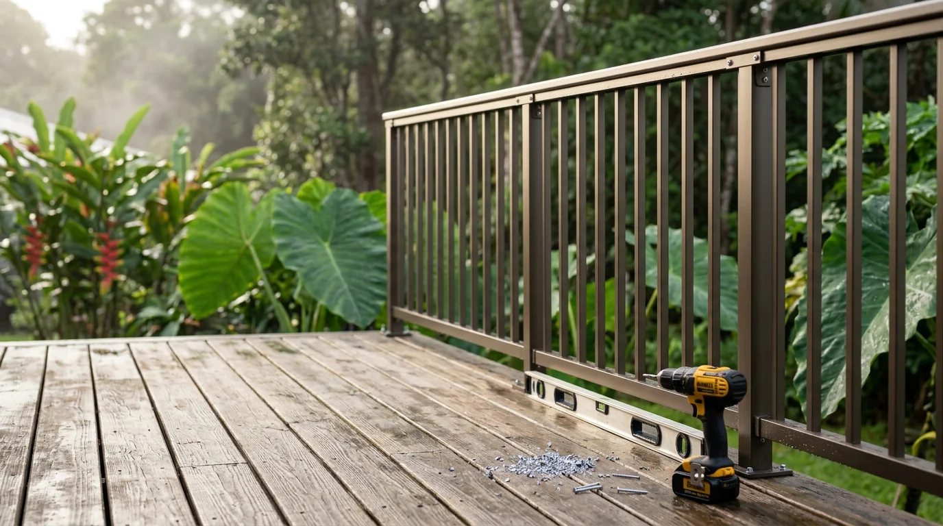 Newly installed aluminum deck railing on a residential home in Keaau, Hawaii, with lush tropical vegetation visible in the background. The railing runs along an exterior lanai with clean post spacing and a smooth handrail finish.