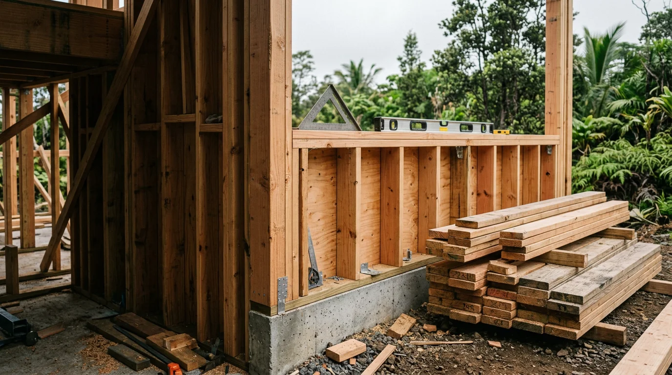 Residential wood framing under construction on a Big Island home in Keaau, Hawaii, showing wall frames, floor systems, and roof structure in progress. The surrounding lush green landscape of the Keaau area is visible in the background.