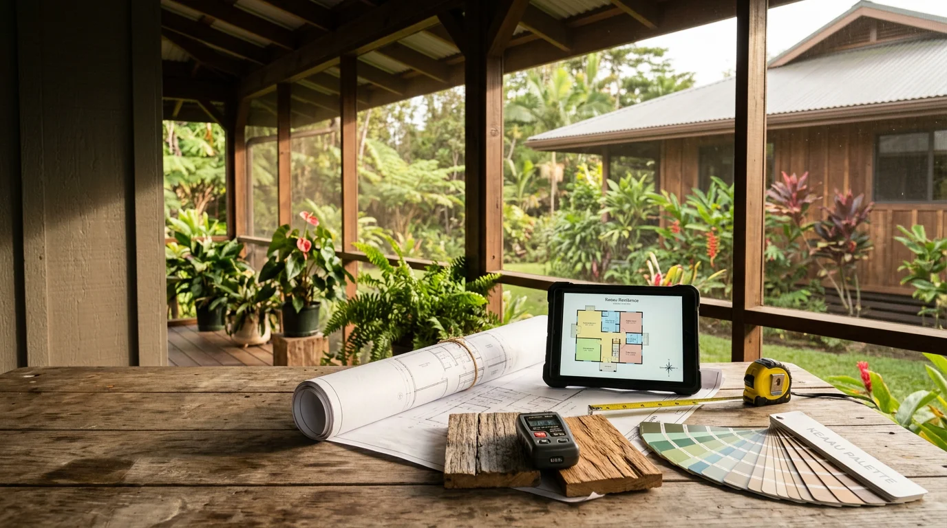 A contractor and homeowner reviewing remodeling plans inside a residential home in Keaau, Hawaii. The consultation takes place in a lived-in interior space with natural light and visible areas marked for renovation.