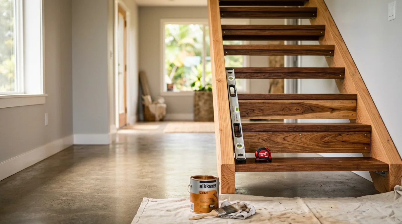 A finished interior wooden staircase inside a residential home in Keaau, Hawaii, showing fitted treads, clean risers, and a solid stringer structure. The staircase connects the ground floor to the upper level of a wood-framed Big Island home.