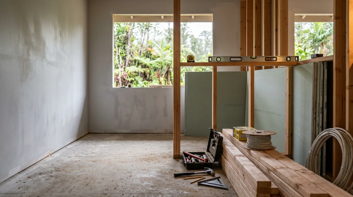 A fully renovated single-family home interior in Keaau, Hawaii, showing updated flooring, fresh walls, and a modernized kitchen layout. The space reflects quality craftsmanship suited to East Hawaii's humid, tropical climate.